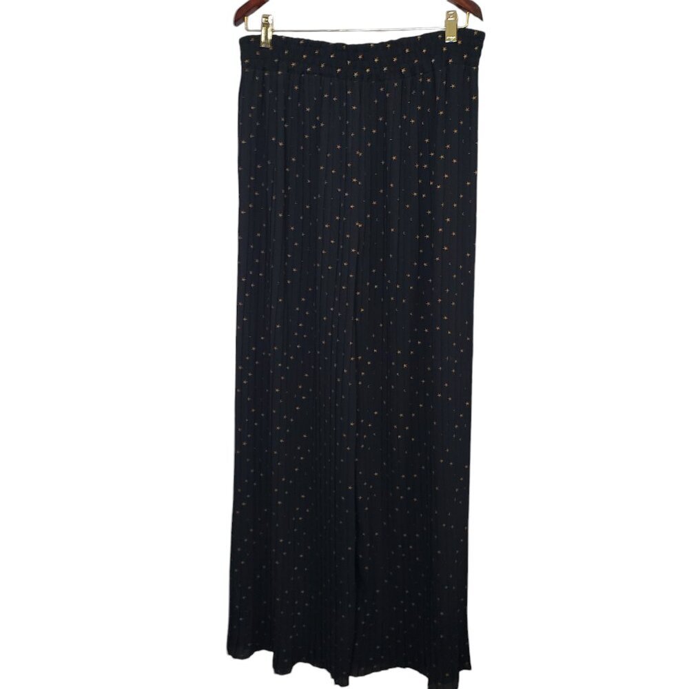 Sheer Wide Pleated Leg Pants Pull On Stars Black Gold Size Medium - Picture 9 of 13